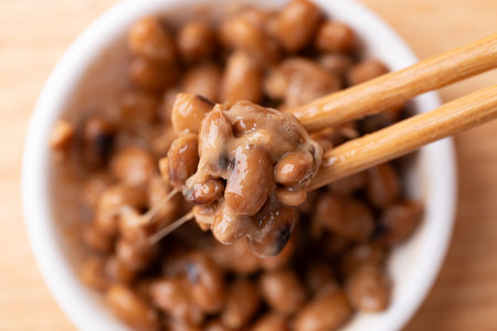 Natto (Fermented soybean), Traditional Japanese food, Healthy eating for gut health, Top viewの写真素材