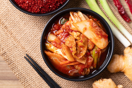 Kimchi cabbage in a bowl with ingredients, Korean food, Top viewの写真素材