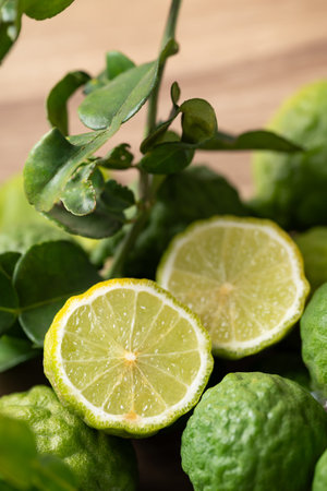 Kaffir lime fruit with leaf, Thai food ingredientの写真素材