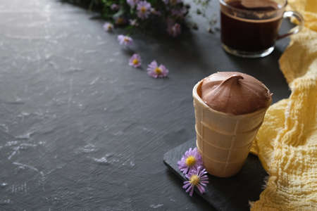 Delicious chocolate ice cream in a waffle cone.の写真素材