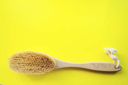 Body brush and anti-cellulite massage on a yellow background. Flat design with copy space. Cactus Exfoliating Body Care Brushの写真素材