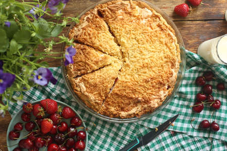 Closed homemade cake with berries.の写真素材