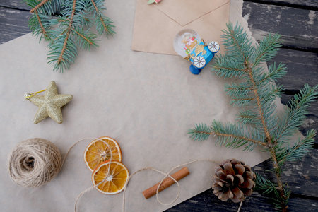 Christmas composition on kraft paper background. Place for text. High quality photoの写真素材