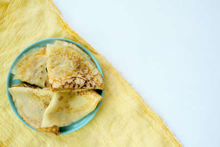 Russian pancakes with fresh cream cheese. Country styleの写真素材