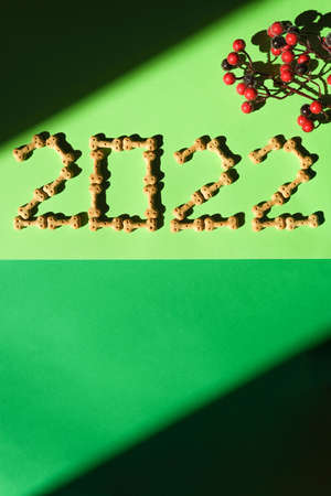 Happy New Year 2022. Number 2022 made of cookies with red berries on a green background.