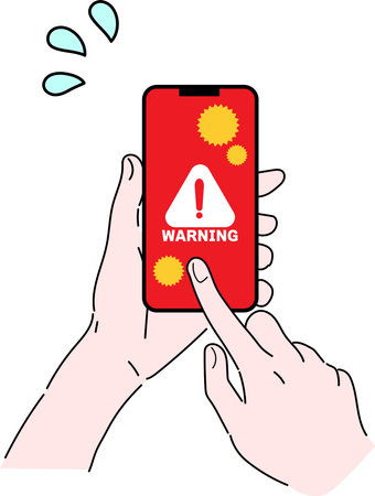 Hand holding a phone with warning message on the screen. Vector illustration.のイラスト素材