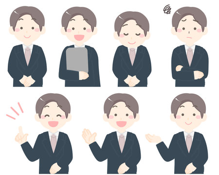 Illustration of a man in a business suit with various facial expressions.のイラスト素材