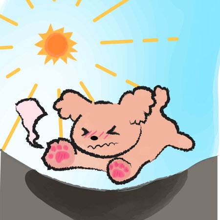 A dog gets burnt legs while taking a walk on a midsummer afternoon.のイラスト素材