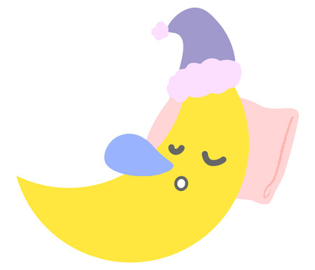 Illustration of a Cute Sleeping Moon in a Santa Claus Hat. Smiling sleeping moon character illustration.のイラスト素材
