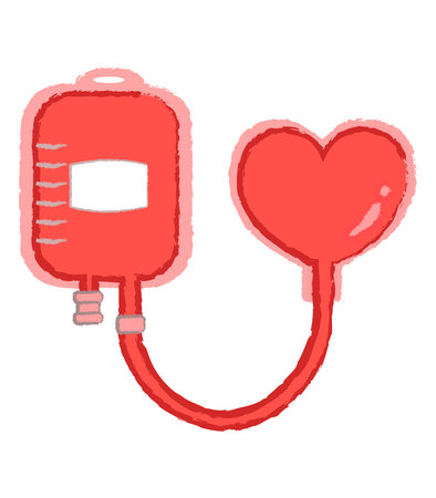 Blood donation icon. Hand drawn blood bag with heart. Vector illustration.A blood transfusion pack connected to a heart.のイラスト素材