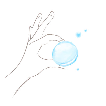 Hand holding a blue soap bubble. Vector illustration on white background.illustration.Watercolor illustration of a hand catching water.のイラスト素材