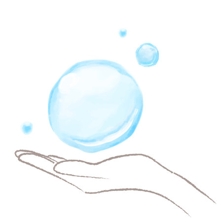 Watercolor hand holding a blue water drop isolated on white background.illustration.Watercolor illustration of a hand catching water.のイラスト素材