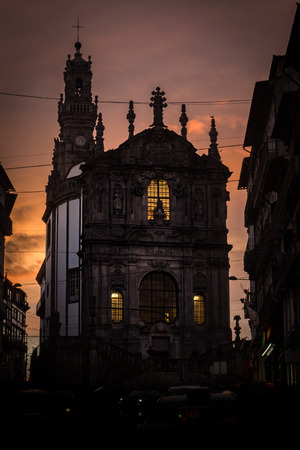Clerigos Church during golden hour, with the lights inside turned onのeditorial素材