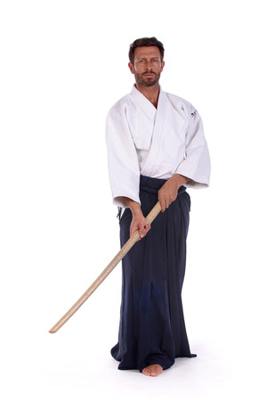 aikido master with bokken or wood swordの写真素材