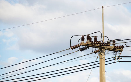 Electrical .Poles and power lines. Supply electricity to rural areas.の写真素材