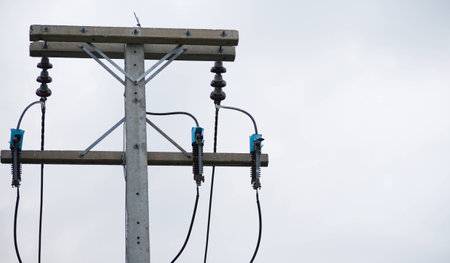 Electrical .Poles and power lines. Supply electricity to rural areas.の写真素材