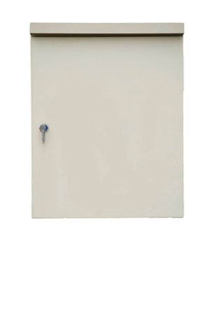 The gray steel cabinet with lock on the handle on isolated white background. Box.