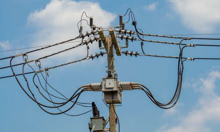 Electrical insulators set, cable laying work. Transmission lines.