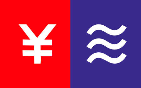 Diem cryptocurrency and Digital Yuan web template on blue and red background. Technology for digital currency. The new currency of America and the Chinese.のイラスト素材