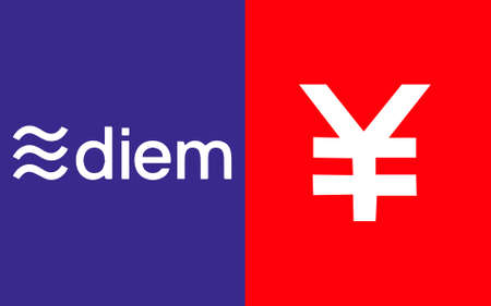 Diem cryptocurrency and Digital Yuan web template on blue and red background. Technology for digital currency. The new currency of America and the Chinese.のイラスト素材