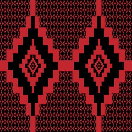 Seamless fabric geometric pattern in red on a black background.のイラスト素材