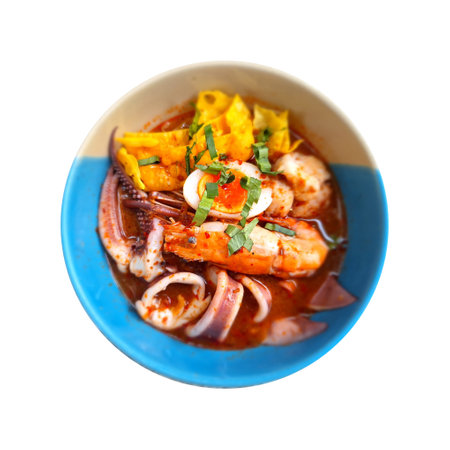 Seafood Tom Yum Noodles isolated on white backgroundの写真素材