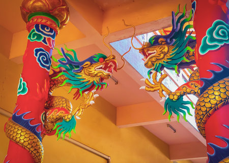 Ang Silla,Chonburi,Thailand -  January 14, 2023: Dragon statue is a beautiful Thai and Chinese architecture of Nachas sa thai chute shrine, naja shrine, najasaataichue,nezha shrineのeditorial素材