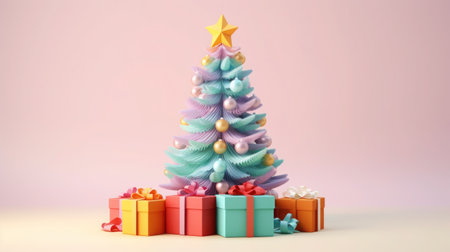 Merry Christmas, Christmas day, A Christmas tree decorated with luxurious and beautiful gifts. of Santa Claus for children to make them feel happy and fun on holiday. Generative AIの素材