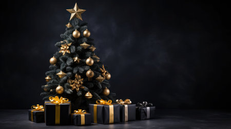 Merry Christmas, Christmas day, A Christmas tree decorated with luxurious and beautiful gifts. of Santa Claus for children to make them feel happy and fun on holiday. Generative AIの素材