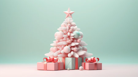 Merry Christmas, Christmas day, A Christmas tree decorated with luxurious and beautiful gifts. of Santa Claus for children to make them feel happy and fun on holiday. Generative AIの素材