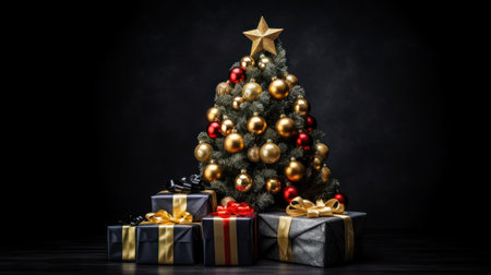 Merry Christmas, Christmas day, A Christmas tree decorated with luxurious and beautiful gifts. of Santa Claus for children to make them feel happy and fun on holiday. Generative AIの素材