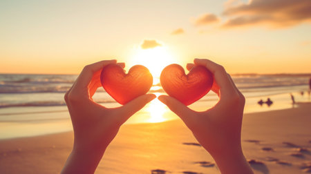 Hand holding a shape heart from the lover with sunlight background at the sea. Love on Valentine day or wedding.It expresse your love for your someone special to you. Generative Aiの素材
