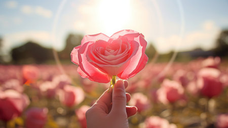 Hands holding beautiful pink roses or flowers of love that promote the romance of couples. Love on Valentine day or wedding. It express your love Generative Aiの素材