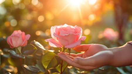 Hands holding beautiful pink roses or flowers of love that promote the romance of couples. Love on Valentine day or wedding. It express your love Generative Aiの素材