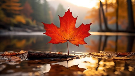 One vivid autumn colorful maple leaf in red and yellow colors. leaf color dry park close illustration forest autumn, natural season, outdoor garden leaf color dry park closeの素材