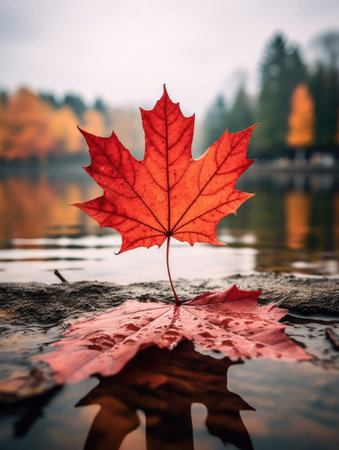 One vivid autumn colorful maple leaf in red and yellow colors. leaf color dry park close illustration forest autumn, natural season, outdoor garden leaf color dry park closeの素材
