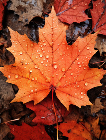 One vivid autumn colorful maple leaf in red and yellow colors. leaf color dry park close illustration forest autumn, natural season, outdoor garden leaf color dry park closeの素材