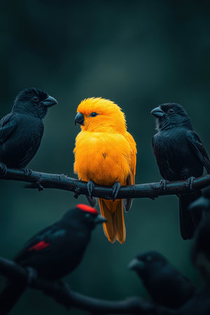 A vibrant yellow bird stands out in a flock of black birds, A vibrant yellow bird stands out among three dark birds on a branch, creating a striking contrast in a moodyの素材