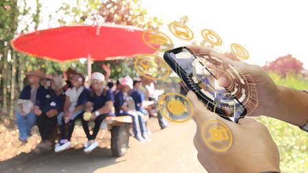 Concept of using touchscreen smartphones on blurry images of community tourists. Navigation,...