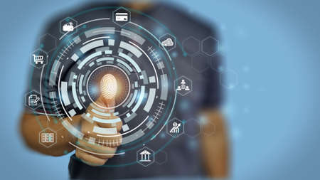 Fingerprint scan provides security access with biometrics identification. Business Technology Safety...