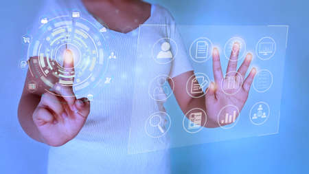 Person touching virtual screen to scan fingerprints, digital transformation management concept....