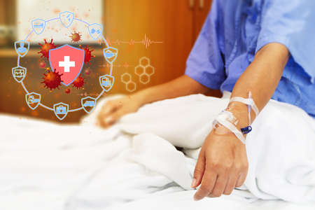 Concept of prevention and treatment of coronavirus (Covid-19), coma patients in hospital beds,...