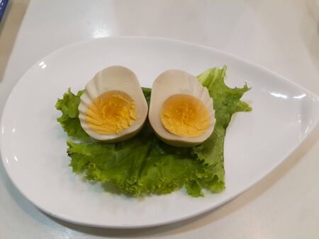 Boiled eggs cut in halfの写真素材