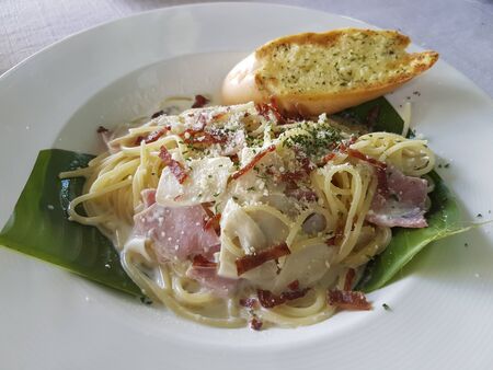 Spaghetti Carbonara Add ham and cheeseの写真素材