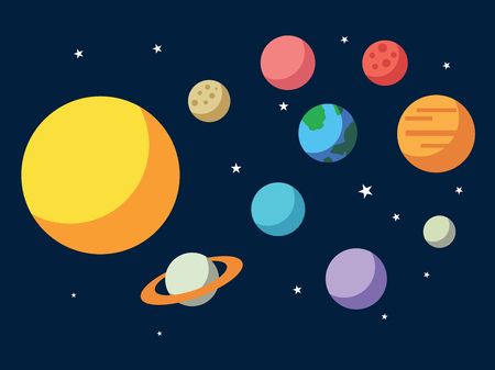 Vector illustration of Solar system. All planets Sun Mercury Venus Moon Earth Mars in the sky. Space, universe galaxy astronomy scienceのイラスト素材