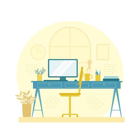 Office workspace interior, workspace in the home, work desk in front of the window vector, work from home, work at home, stay at home, freelancer working at homeのイラスト素材