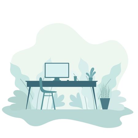 Office workspace interior, workspace in the home, work desk in front of the window vector, work from home, work at home, stay at homeのイラスト素材