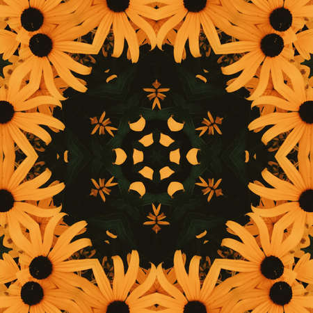 Abstract Yellow Flowers Kaleidoscope Mandala Ornament Backgroundの写真素材