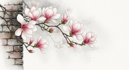 Hand drawn watercolor illustration of blooming magnolia tree in springの素材