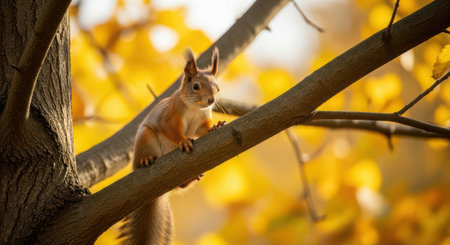 squirrel on a tree in autumn forest, closeup of photoの素材